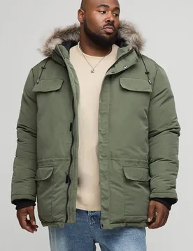 Herren Plus Kunstpelz Kapuzen Arctic Parka Jacke in Schwarz Khaki Größe 2XL - boohooMAN - FashionsVida