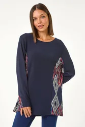 Side Printed Stretch Tunic Top - Midnight - Size: 14