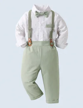 Piezas Conjunto de caballero para niños pequeños - Camisa de manga larga blanca con moño y pantalones con tirantes verde claro, elegante y de moda - Shein - FashionsVida