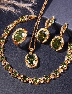 Elegant And Sparkling Necklace Bracelet Ring And Earrings Set In Retro Olive Green Zirconia 18K Gold-Plated Jewelry Set - Aliexpress - FashionsVida