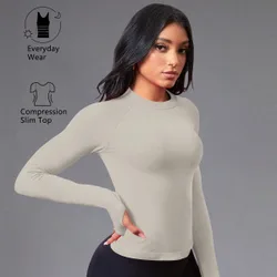 Camiseta deportiva de manga larga raglán de unicolor para mujer/sin costuras/con orificio para el pulgar