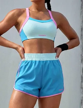 Conjunto deportivo de top halter y shorts con color de contraste y empalme para mujer - Shein - FashionsVida