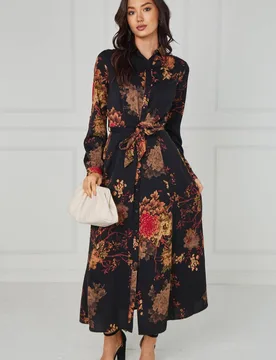 Women's Black Vintage Bloom Printed Maxi Shirt Dress Size: 10 - Black - Size: 10 - LOVE SUNSHINE - FashionsVida