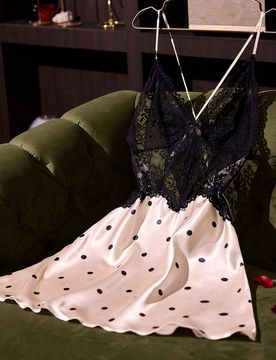 Pieza Camisón sexy de mujer con tirantes de espagueti, pijama de satén sedoso, vestido corto con estampado de lunares, ropa de dormir sexy con ribet