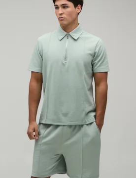 Men's Seam Detail Regular Fit 1/4 Zip Polo & Regular Short Set Sage Size Small Sage S - boohooMAN - FashionsVida