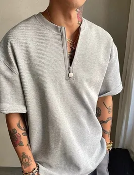 Spring Summer Men Waffle Half Zip TShirt Oversize Drop Shoulder V Neck Loose Solid Short Sleeve Casual Streetwear Basic Tee - Aliexpress - FashionsVida