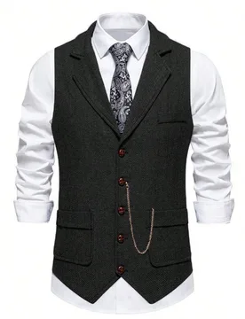 Nuevo chaleco de hombre de espiguilla de tweed, chaleco con decoración de cadena de solapa vintage - Shein - FashionsVida