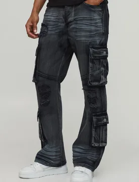 Mens Crease Wash Slim Flare Cargo Jeans - Charcoal Cotton - Size 34 Regular - boohooMAN - FashionsVida