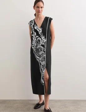 Pure Linen Coral Reef V-Neck Midi Dress Black Mix female - Jaeger - FashionsVida