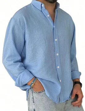 Camisa casual de manga larga azul sólido para hombre, camisa de moda minimalista para ocio al aire libre, chaqueta casual, para él - Shein - FashionsVida