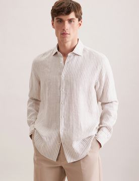 Regular Leinenhemd Gestreift Beige 44