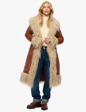 Superdry Damen Langer Afghan Mantel Brown - Größe: 40