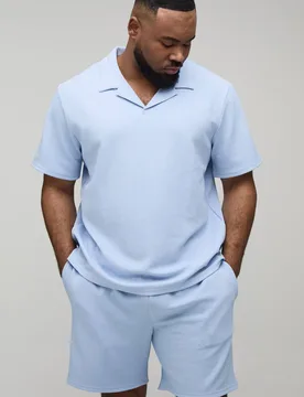 Men's Plus Short Sleeve Jersey Herringbone Polo Shirt & Short Set Light Blue Size 3X-Large Light Blue 3XL - boohooMAN - FashionsVida