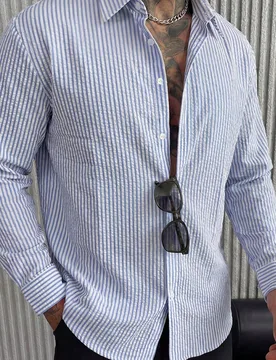 Camisa de hombre de corte slim con rayas finas, tela a rayas azul & blanco, top de manga larga minimalista y elegante, de moda & refrescante para usar - Shein - FashionsVida