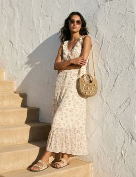 Abito maxi con volant con stampa floreale - multicolor