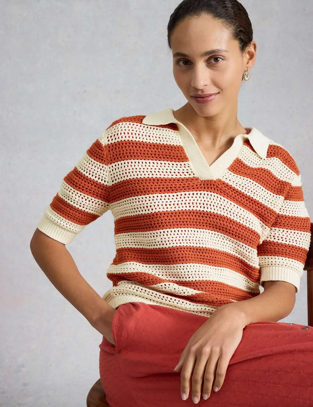 Pure Cotton Collared Knitted Top Brown Mix female - White stuff - FashionsVida