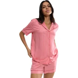 Camiseta de pijama de manga corto y cierre con botones de tejido jacquard de mujer