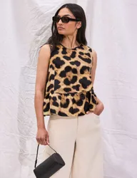 Pure Cotton Leopard Print Peplum Top Brown Mix female