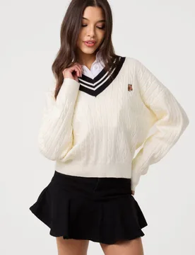 Ivory V Neck Cable Knit Teddy Jumper - Ivory - Size: M/L - Pink Vanilla - FashionsVida