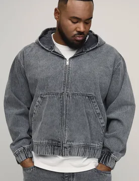 Herren Plus Gewaschener Denim Durchgehend Reißverschluss Kapuzenpullover Washed Grey Größe 3XL - boohooMAN - FashionsVida