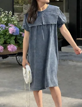 Vestido vaquero de manga corta, cuello redondo, unicolor, informal, para niña preadolescente en verano - Shein - FashionsVida