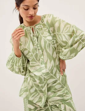 Pure Cotton Leaf Print Tie Neck Blouse Green Mix female - Monsoon - FashionsVida