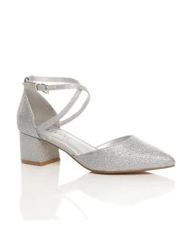 Women's Mid Block Heel Crossed Straps Pointed Toe 2 Part Heels in Silver Size: 7 - Silver - Size: 7 - Ajvani - FashionsVida