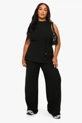 Womens Plus Brushed Tunic Tie Belt Top And Wide Leg Trouser - Black - Size 18 Uk