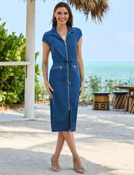 Lyocell Denim Zip Up Midi Shirt Dress Blue female