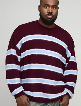 Men's Plus Contrast Stripe Brushed Knit Oversized Jumper Burgundy Size 2X-Large Burgundy 2XL - boohooMAN - FashionsVida