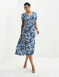 Palm Print V-Neck Midi Waisted Dress Blue Mix female