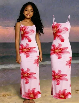 Pieza Vestido de tirantes ajustado con estampado floral tropical para niña preadolescente, estilo de moda. Vestido de resort estilo hawaiano para ni? - Shein - FashionsVida