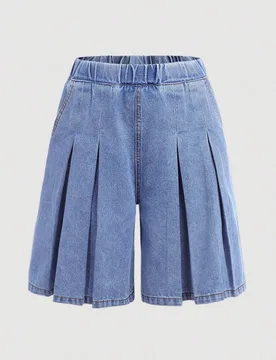 Short vaquero de pierna recta suelta y plisada lavada para niña preadolescente, estilos cortos y largos, para festival de música de verano - Shein - FashionsVida