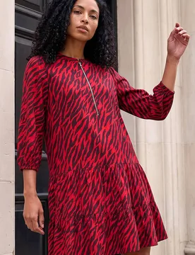 Women's Animal Print Zip Front Dress in Red Size: 14 - Red - Size: 14 - Roman - FashionsVida