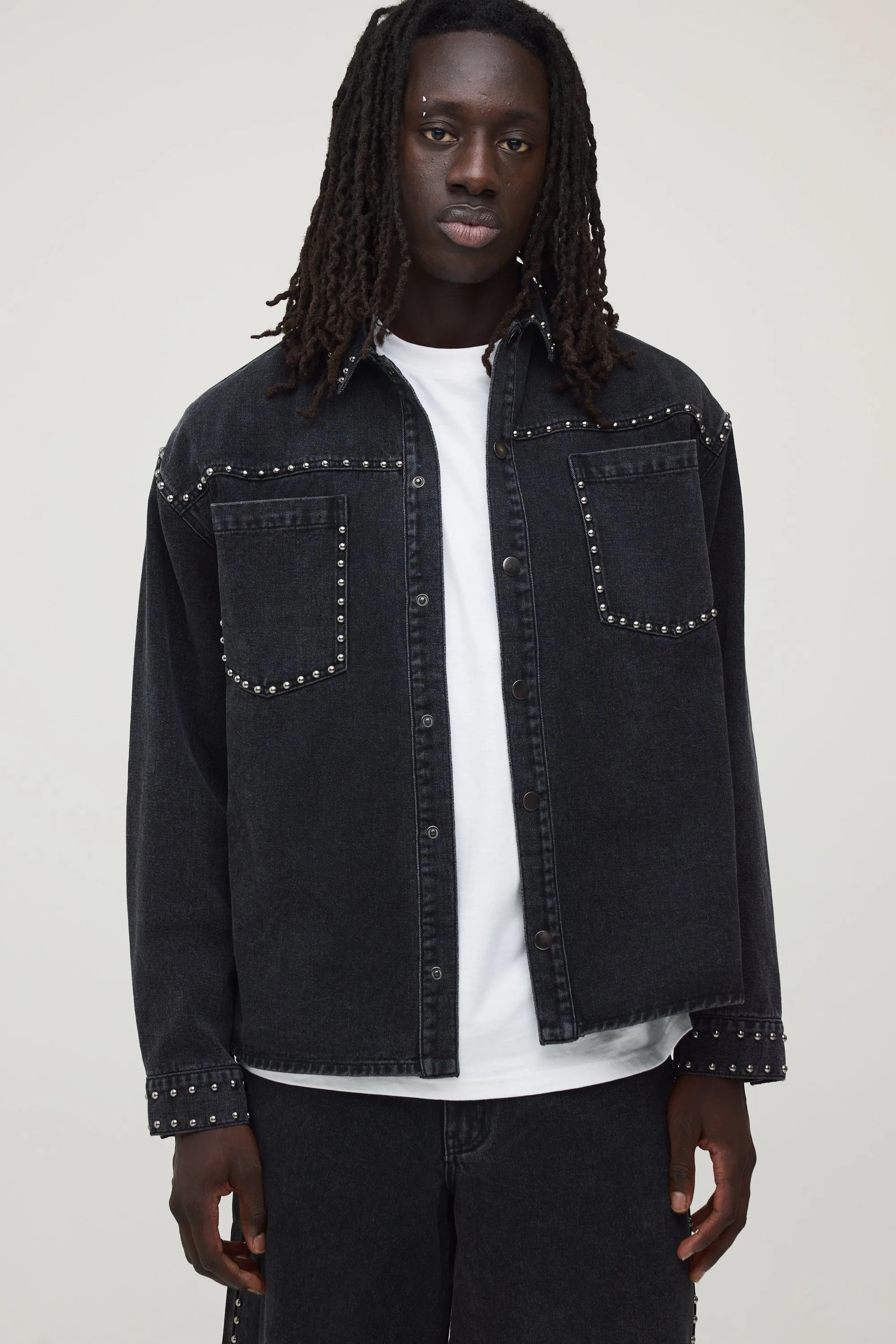 Mens Studded Denim Overshirt - Black Cotton - Size Small - boohooMAN - FashionsVida