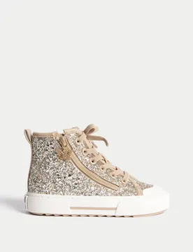 Kids' Glitter High Top Trainers (4 Small - 6 Large) Gold Female - M&S - FashionsVida