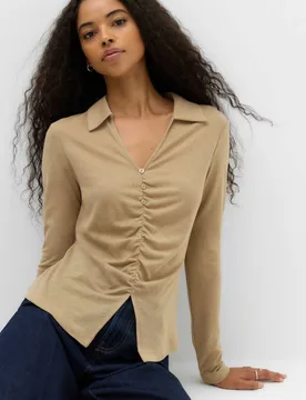 Ruched Front Buttoned Top Beige female - M&S - FashionsVida