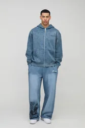 Herren Übergroßer Grafik Washed Zip-Through Hoodie Sweatshirt Blue Größe Medium