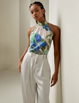Top Soie Motif Floral Sans Manches, Avec Épaules Échancrées 100% Soie Pure Confortable Brillant Lisse Doux 36
