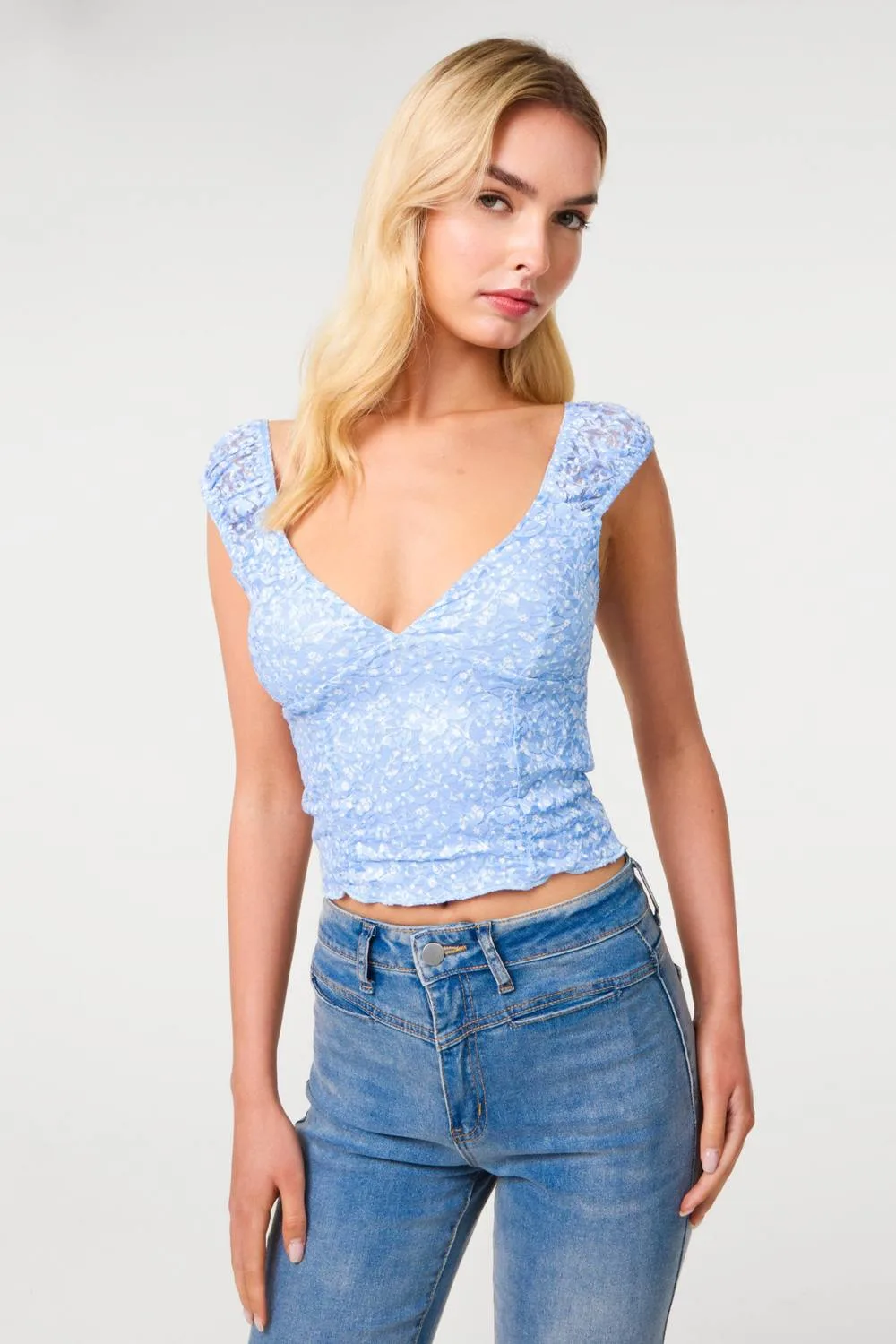 Women's Light Blue V Neck Lace Crop Top Size: Medium - Light Blue - Size: M - Pink Vanilla - FashionsVida