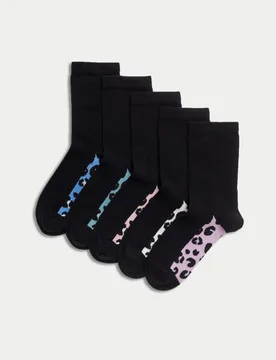 Pack Cotton Rich Leopard Socks (6 Small - 7 Large) Black Female - M&S - FashionsVida