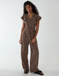 Jumpsuit With Ruffle Sleeve And Wrap Front - 8 / BROWN - female