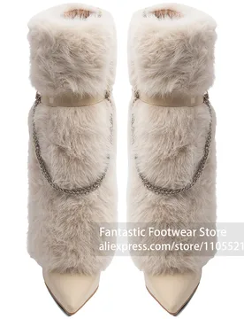 Metal Chain Belt Decoration Boot Beige Faux Fur Full Shaft Upper Furry Knee High Boots Weather Fashion Pointed Toe Stiletto Boot - Aliexpress - FashionsVida