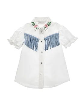 Camicia bianca a maniche corte in popeline di cotone con frange e ricami western - Monnalisa - FashionsVida