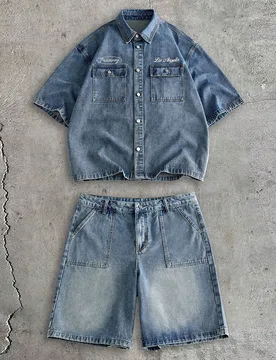Conjunto casual de camisa de manga corta con estampado de letras de un solo pecho y pantalones cortos de mezclilla para uso diario para hombres - Shein - FashionsVida