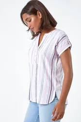 Women's Stripe Print Button Detail V-Neck Top in Pink Size: 10 - Pink - Size: 10