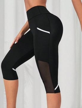 Leggings deportivos para mujer con inserto de malla de contraste y cintura ancha para yoga