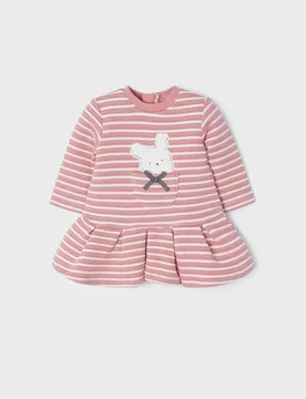 Abito a righe rosa e panna con balza e taschino con applicazione animaletto frontale 6-18 mesi - Mayoral - FashionsVida