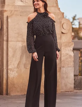 Womens Black Spot Print Corsage Detail Cold Shoulder Two Part Jumpsuit - Size 6 Short - Sosandar - FashionsVida