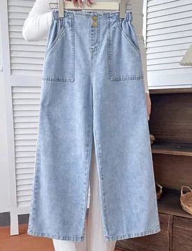 Jeans casuales de moda para niñas, de denim azul claro, cintura elástica con bolsillos grandes, pierna recta holgada, tela de algodón suave y cómo - Shein - FashionsVida
